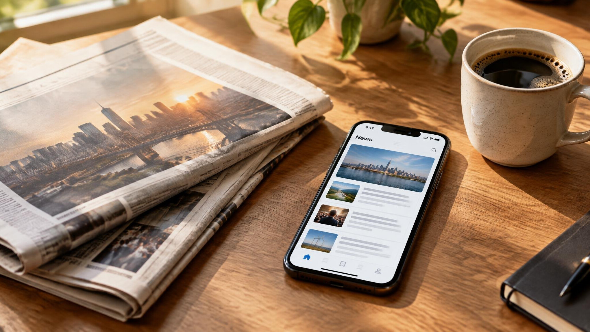 Newspapers and a smartphone on a desk with morning light