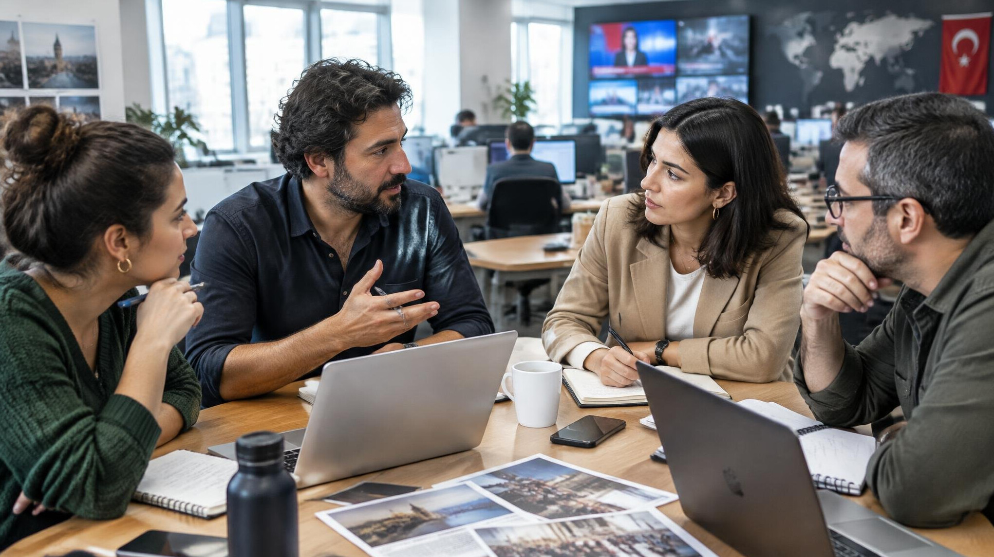 Editorial team discussing work around a table with laptops