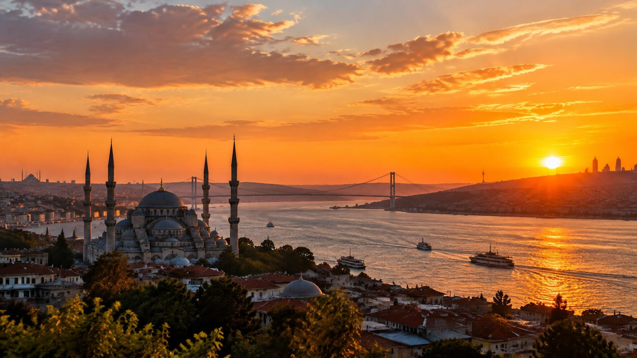 Istanbul skyline with mosque and Bosphorus at sunset